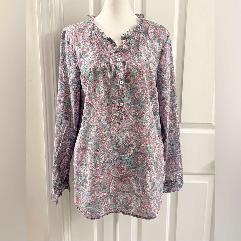 Talbots Popover Paisley Ruffle Pleated Blouse Size M Cotton Pink Blue Multi - Picture 2 of 10